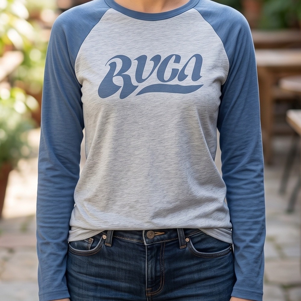 RVCA Mens Raglan Long Sleeve Tee Grey Blue Retro Logo Graphic Shirt